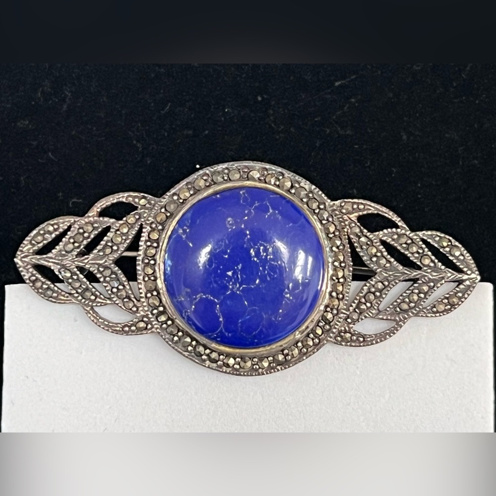 Vintage Lapis Lazuli Sterling Marcasite Brooch